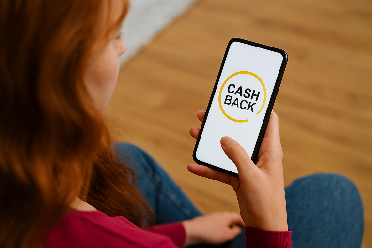 Início 12 Mulher ruiva, de cabelos longos e ondulados, sentada em ambiente interno, segura um smartphone com a tela exibindo a palavra 'CASHBACK' sobre um fundo branco. A cena representa o uso de aplicativos financeiros que oferecem programas de recompensas, destacando a praticidade e os benefícios que o cashback proporciona aos consumidores nas compras e transações digitais.