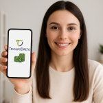 Uma mulher de cabelos longos, lisos e castanho-chocolate sorri enquanto segura um smartphone com a tela voltada para a câmera. Na tela, aparece a logomarca do Tesouro Direto, composta pelo nome do programa e o ícone de moedas empilhadas com símbolo de cifrão. Ao fundo, há um escritório doméstico com decoração minimalista, prateleiras brancas e vasos com plantas, em um ambiente claro e organizado.