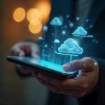 Pessoa segura um smartphone de onde emergem hologramas de nuvens digitais iluminadas, representando tecnologia de armazenamento e processamento de dados. A cena simboliza a transformação digital no setor financeiro, destacando como os bancos na nuvem utilizam soluções inovadoras para oferecer serviços mais ágeis, seguros e eficientes aos seus clientes.