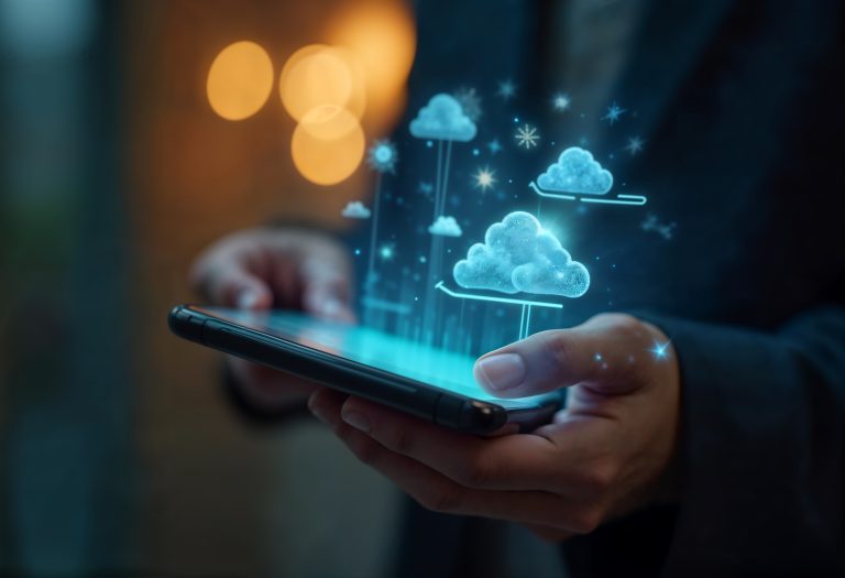 Início 22 Pessoa segura um smartphone de onde emergem hologramas de nuvens digitais iluminadas, representando tecnologia de armazenamento e processamento de dados. A cena simboliza a transformação digital no setor financeiro, destacando como os bancos na nuvem utilizam soluções inovadoras para oferecer serviços mais ágeis, seguros e eficientes aos seus clientes.