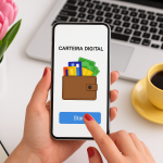 Uma mulher segura um smartphone com as duas mãos, exibindo na tela o aplicativo 'CARTEIRA DIGITAL' com fundo branco, ícone de uma carteira marrom contendo cartões coloridos e notas de dinheiro, além de um botão azul escrito 'Start'. Suas unhas são curtas e pintadas de vermelho. Ao fundo, sobre uma mesa branca, há um notebook prateado, uma xícara de café amarela, um vaso com tulipas cor-de-rosa e um caderno com uma caneta.