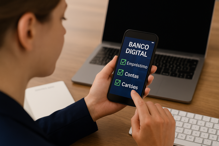 Início 14 Mulher utilizando um aplicativo de banco digital em seu smartphone, com opções de 'Empréstimo', 'Contas' e 'Cartões' exibidas na tela. Ao fundo, sobre a mesa de madeira, há um notebook e um teclado, representando um ambiente de trabalho moderno e conectado. A imagem ilustra a praticidade e a inovação proporcionadas pelas fintechs, que oferecem soluções financeiras digitais acessíveis e eficientes para os usuários.