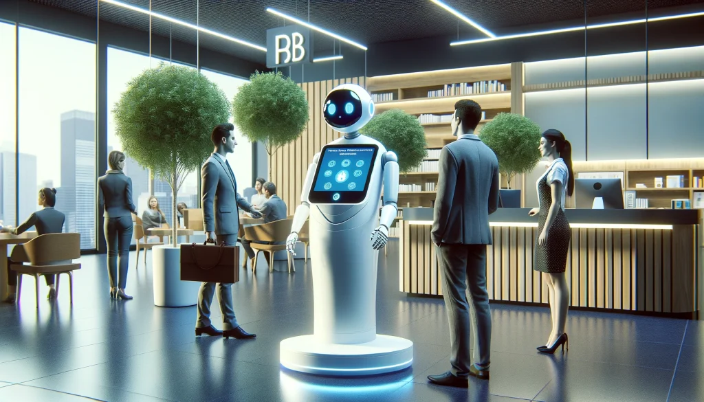 portalitshow Inteligencia artificial no setor bancario um robo assistente de IA realizando transacoes financeiras em um terminal interativo com clientes observan