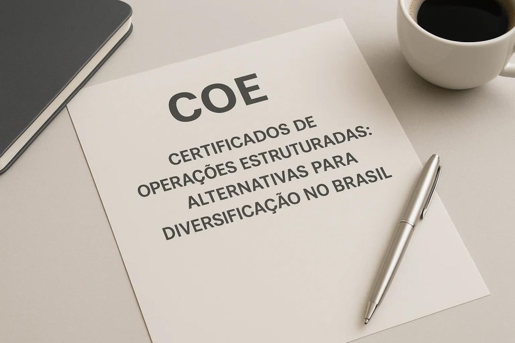 Folha de papel com o título 'COE – Certificados de Operações Estruturadas: alternativas para diversificação no Brasil', posicionada sobre uma mesa clara. Ao lado, uma caneta metálica prateada, um caderno preto fechado e uma xícara branca de café.