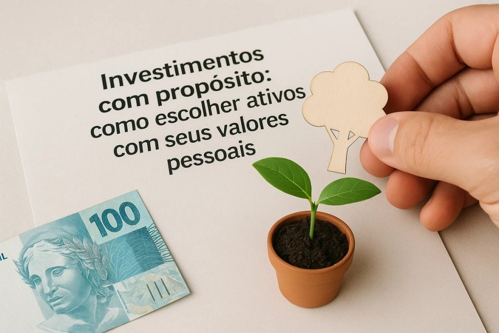 Nota de 100 reais ao lado de um pequeno vaso com muda verde crescendo em terra, sobre fundo bege com o texto “Investimentos com propósito: como escolher ativos com seus valores pessoais”, simbolizando investimentos sustentáveis e alinhados a valores pessoais.