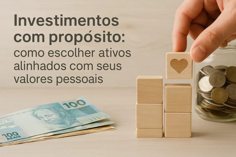 Mão encaixando bloco de madeira com símbolo de coração em torre formada por outros blocos, ao lado de notas de 100 reais e pote de moedas, com o texto “Investimentos com propósito: como escolher ativos alinhados com seus valores pessoais”, representando finanças conscientes e investimentos com propósito social.