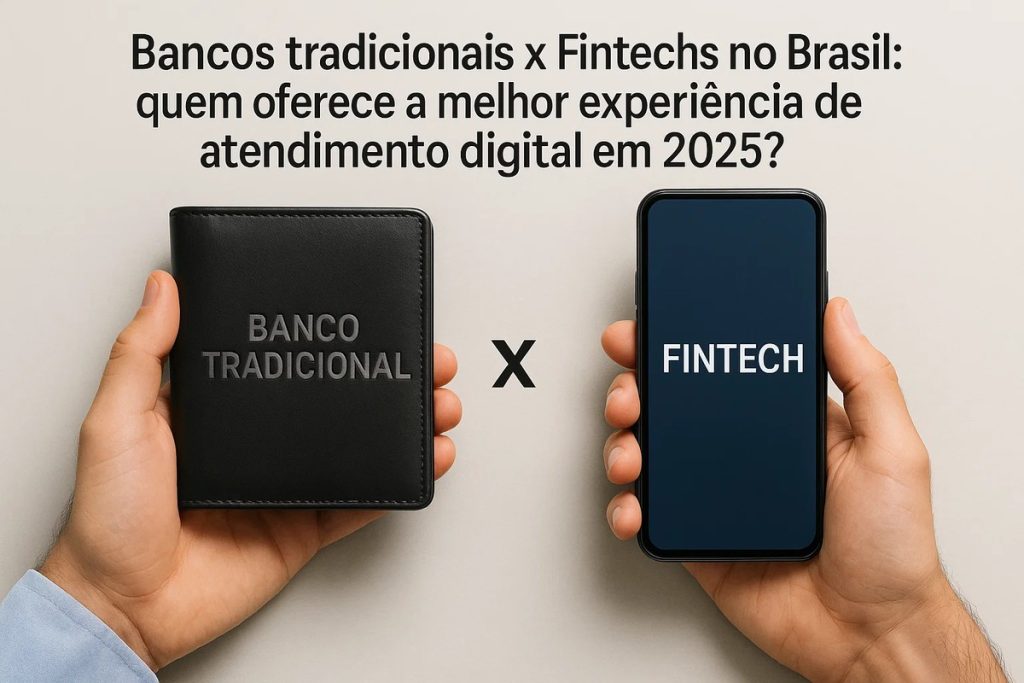 Bancos tradicionais x Fintechs no Brasil: quem oferece a melhor experiência de atendimento digital em 2025? 2 Duas mãos seguram uma carteira preta com a inscrição “Banco Tradicional” e um celular com a palavra “Fintech” na tela, ilustrando a disputa entre bancos tradicionais e fintechs pela melhor experiência de atendimento digital no Brasil em 2025.
