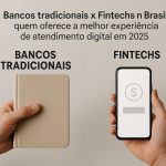 Duas mãos lado a lado seguram um caderno bege e um smartphone com símbolo de dinheiro na tela, sob o texto “Bancos tradicionais x Fintechs no Brasil: quem oferece a melhor experiência de atendimento digital em 2025”, representando a comparação entre instituições financeiras convencionais e bancos digitais no país.