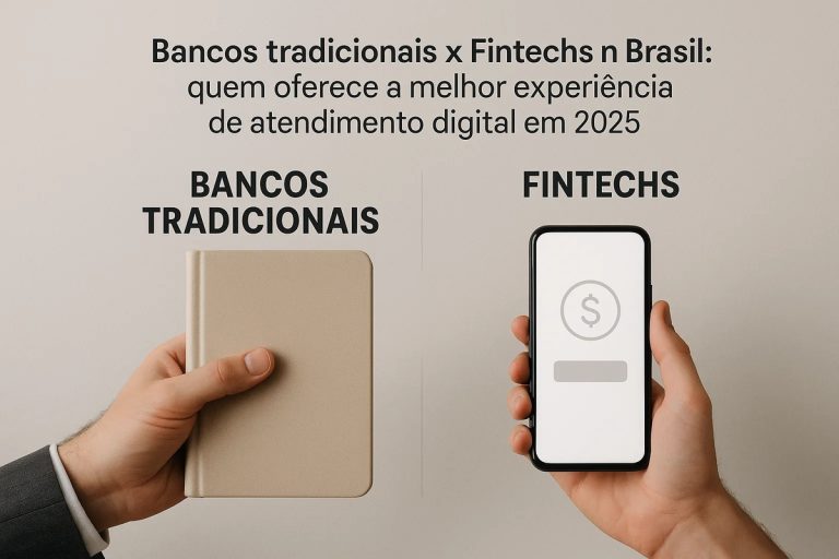 Duas mãos lado a lado seguram um caderno bege e um smartphone com símbolo de dinheiro na tela, sob o texto “Bancos tradicionais x Fintechs no Brasil: quem oferece a melhor experiência de atendimento digital em 2025”, representando a comparação entre instituições financeiras convencionais e bancos digitais no país.