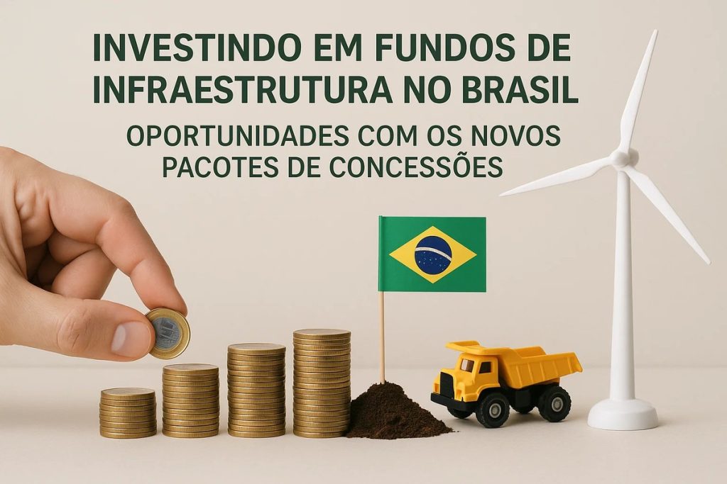 Investindo em fundos de infraestrutura no Brasil: oportunidades com os novos pacotes de concessões 2 Mão posiciona moeda sobre pilhas crescentes de dinheiro ao lado de caminhão amarelo de brinquedo, bandeira do Brasil e turbina eólica, com o texto “Investindo em fundos de infraestrutura no Brasil: oportunidades com os novos pacotes de concessões”, simbolizando investimentos sustentáveis e crescimento econômico brasileiro no setor de infraestrutura.