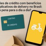 Cartão de crédito verde ao lado de smartphone com tela amarela exibindo ícone de motocicleta de delivery, sobre mesa de madeira clara com embalagens abertas, acompanhado do texto “Cartões de crédito com benefícios em aplicativos de delivery no Brasil: vale a pena para o dia a dia?”, representando o uso de cartões com vantagens em serviços de entrega.
