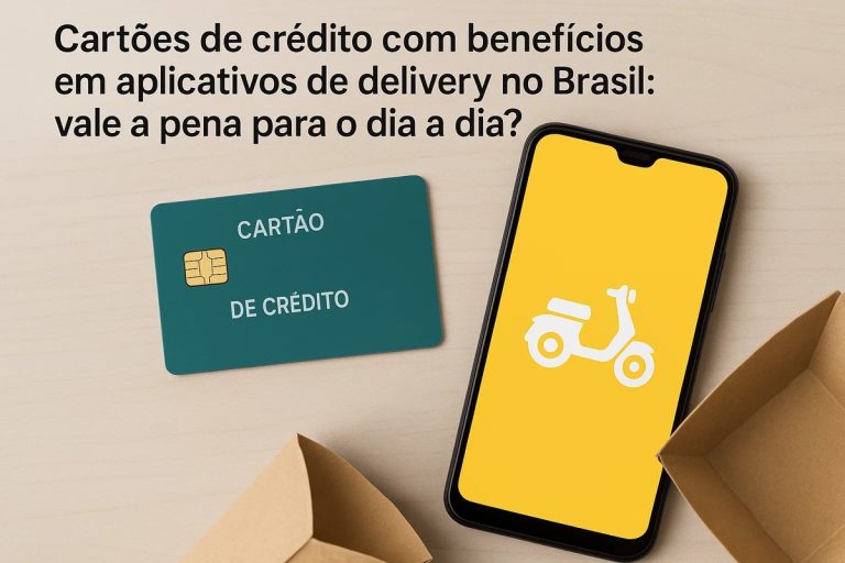Início 12 Cartão de crédito verde ao lado de smartphone com tela amarela exibindo ícone de motocicleta de delivery, sobre mesa de madeira clara com embalagens abertas, acompanhado do texto “Cartões de crédito com benefícios em aplicativos de delivery no Brasil: vale a pena para o dia a dia?”, representando o uso de cartões com vantagens em serviços de entrega.