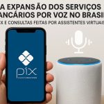 Imagem mostrando um smartphone exibindo a tela inicial do Pix, o sistema de pagamentos instantâneos do Banco Central do Brasil, sendo segurado por uma mão humana. Ao lado, há um assistente virtual estilo smart speaker com um ícone de microfone acima dele, simbolizando comandos de voz. No topo, o texto 'A expansão dos serviços bancários por voz no Brasil — Pix e consultas feitas por assistentes virtuais' destaca a modernização do setor de banco por meio de tecnologia e interação por voz.