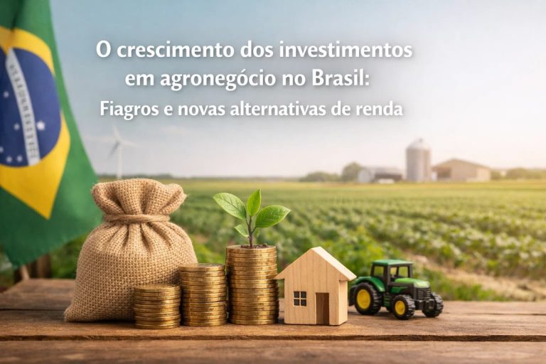 Início 2 Imagem ilustrando o crescimento dos investimentos no agronegócio brasileiro, com pilhas de moedas, muda de planta simbolizando desenvolvimento, saco de grãos, miniatura de casa rural e trator em uma plantação ao fundo, ao lado da bandeira do Brasil, representando novas oportunidades de investimentos e alternativas de renda no setor agrícola.