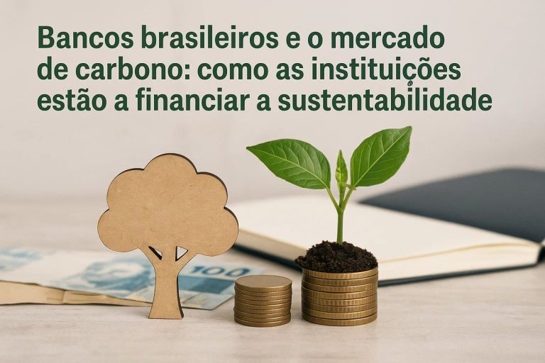 Início 4 Imagem conceitual relacionada à sustentabilidade financeira. Em primeiro plano, há uma pequena árvore decorativa feita de papelão e, ao lado, pilhas de moedas douradas, sendo uma delas usada como base para uma muda verde plantada em solo escuro. Ao fundo, notas de dinheiro desfocadas e um caderno aberto sugerem planejamento econômico. No topo da imagem, vê-se o texto ‘Bancos brasileiros e o mercado de carbono: como as instituições estão a financiar a sustentabilidade’. A composição simboliza como um banco pode apoiar iniciativas sustentáveis e financiar projetos ambientais.