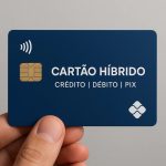 Fotografia de uma mão segurando um cartão de crédito azul escuro em formato horizontal. No centro do cartão aparece o texto ‘CARTÃO HÍBRIDO’ em letras brancas, seguido pelos termos ‘CRÉDITO | DÉBITO | PIX’. À esquerda há um chip dourado e um ícone de pagamento por aproximação. No canto inferior direito, há um pequeno logotipo branco. O fundo é neutro e desfocado, destacando o cartão de crédito como elemento principal.