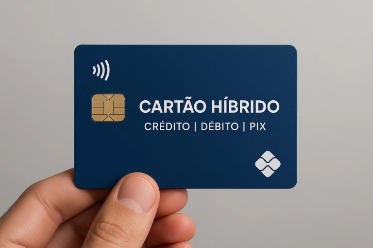 Início 6 Fotografia de uma mão segurando um cartão de crédito azul escuro em formato horizontal. No centro do cartão aparece o texto ‘CARTÃO HÍBRIDO’ em letras brancas, seguido pelos termos ‘CRÉDITO | DÉBITO | PIX’. À esquerda há um chip dourado e um ícone de pagamento por aproximação. No canto inferior direito, há um pequeno logotipo branco. O fundo é neutro e desfocado, destacando o cartão de crédito como elemento principal.